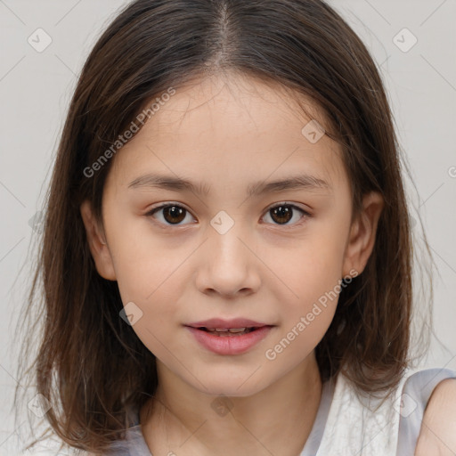 Joyful white child female with medium  brown hair and brown eyes