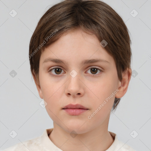 Neutral white young-adult female with short  brown hair and brown eyes