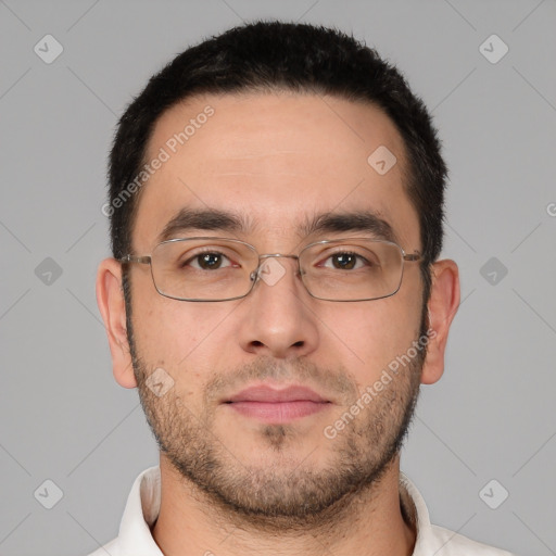 Neutral white young-adult male with short  brown hair and brown eyes