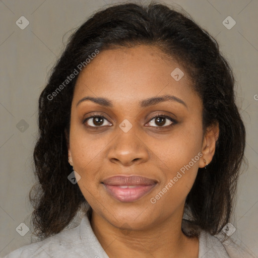 Joyful black young-adult female with medium  brown hair and brown eyes