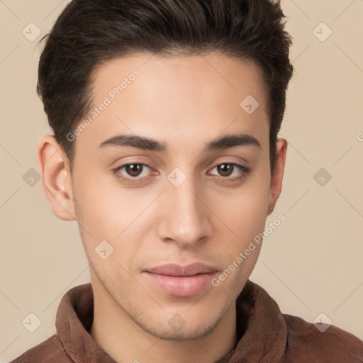 Neutral white young-adult male with short  brown hair and brown eyes