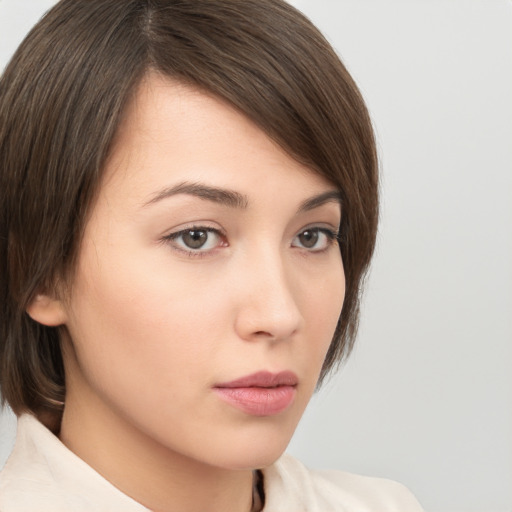 Neutral white young-adult female with medium  brown hair and brown eyes