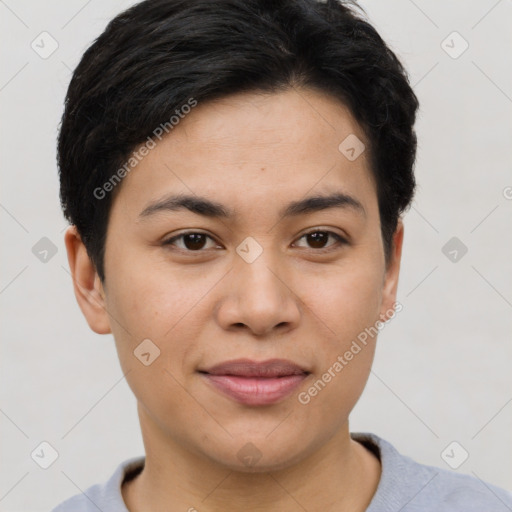 Joyful asian young-adult female with short  brown hair and brown eyes