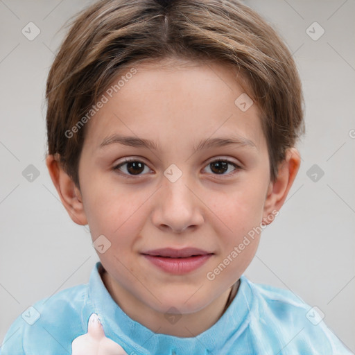 Joyful white child female with short  brown hair and brown eyes