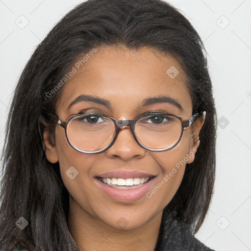 Joyful latino young-adult female with long  brown hair and brown eyes