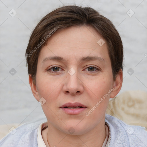 Neutral white young-adult female with short  brown hair and brown eyes