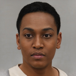 Neutral black young-adult male with short  black hair and brown eyes
