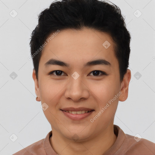 Joyful latino young-adult male with short  black hair and brown eyes