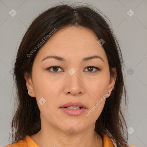 Neutral asian young-adult female with medium  brown hair and brown eyes