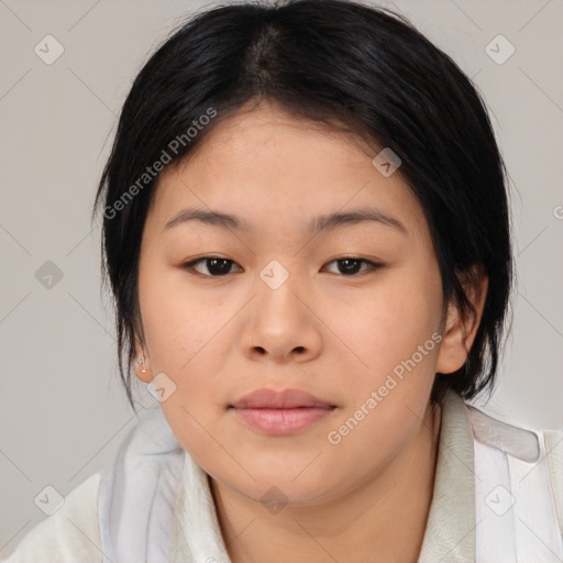 Neutral asian young-adult female with medium  brown hair and brown eyes