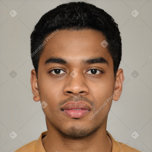 Neutral latino young-adult male with short  black hair and brown eyes