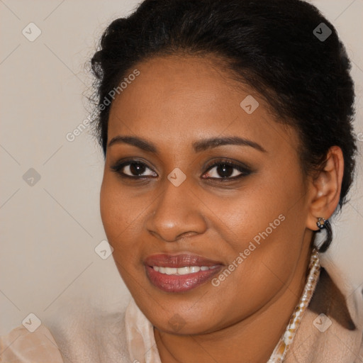 Joyful black young-adult female with medium  brown hair and brown eyes