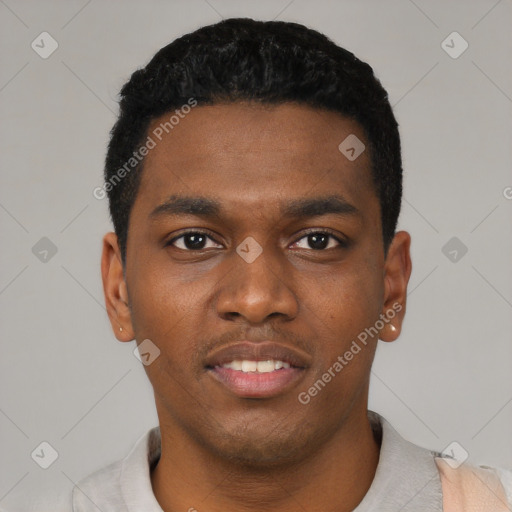 Neutral black young-adult male with short  black hair and brown eyes