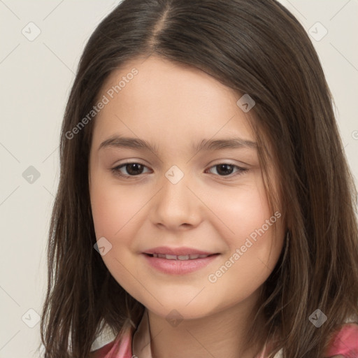 Joyful white child female with long  brown hair and brown eyes