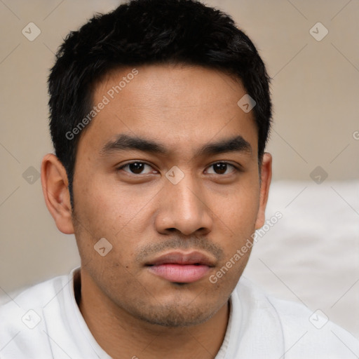 Neutral asian young-adult male with short  black hair and brown eyes