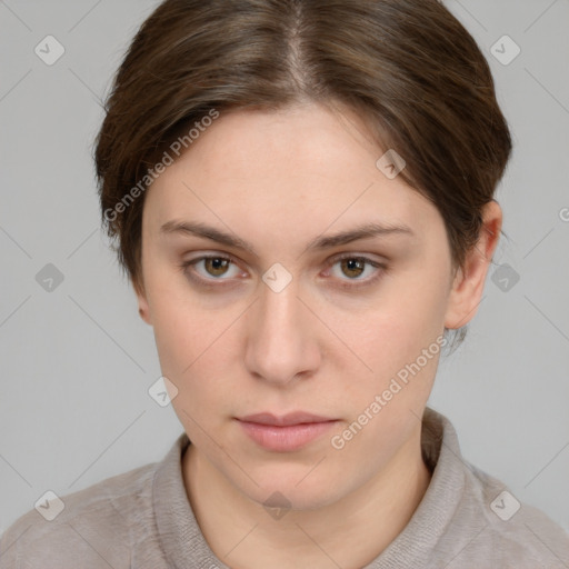 Neutral white young-adult female with short  brown hair and brown eyes