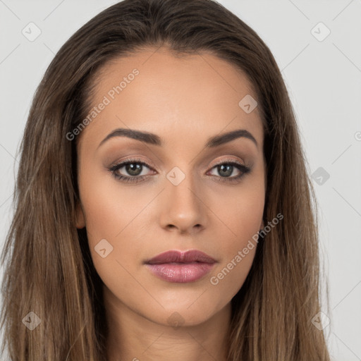 Neutral white young-adult female with long  brown hair and brown eyes