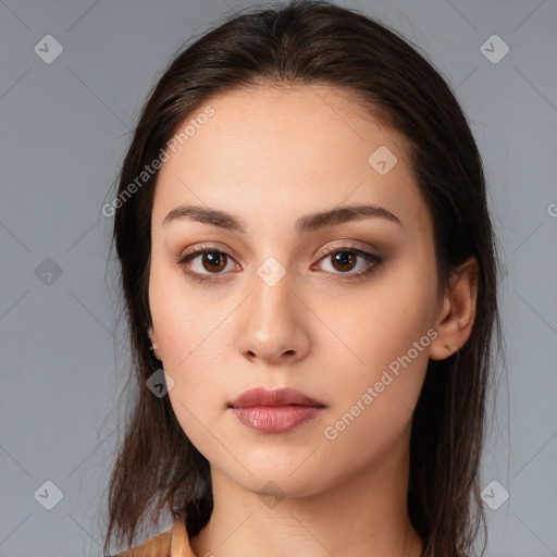 Neutral white young-adult female with medium  brown hair and brown eyes