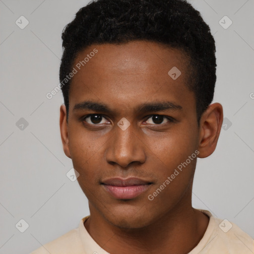 Neutral latino young-adult male with short  brown hair and brown eyes