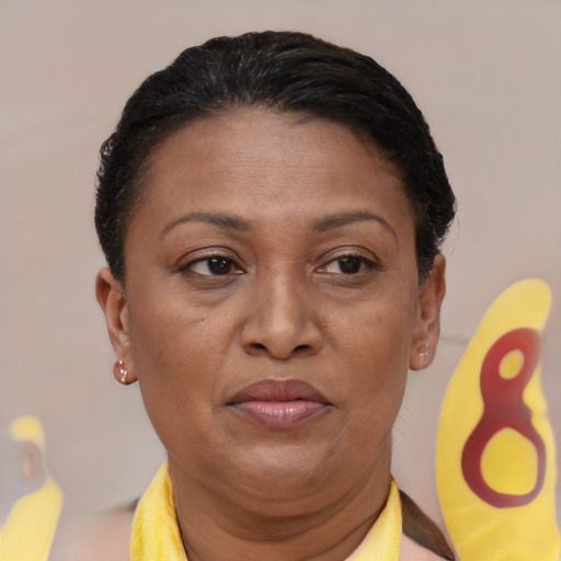 Joyful latino adult female with short  brown hair and brown eyes