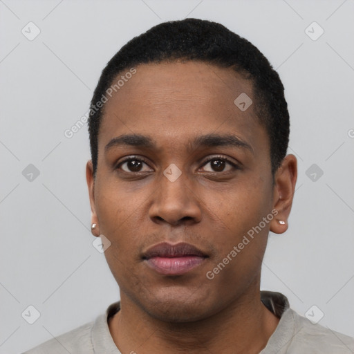 Neutral black young-adult male with short  black hair and brown eyes