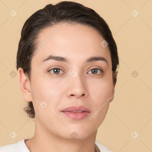 Neutral white young-adult female with short  brown hair and brown eyes