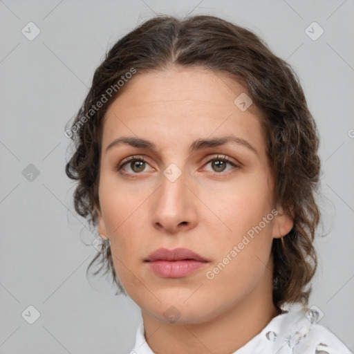 Neutral white young-adult female with medium  brown hair and brown eyes