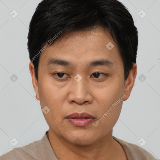 Neutral asian young-adult male with short  black hair and brown eyes
