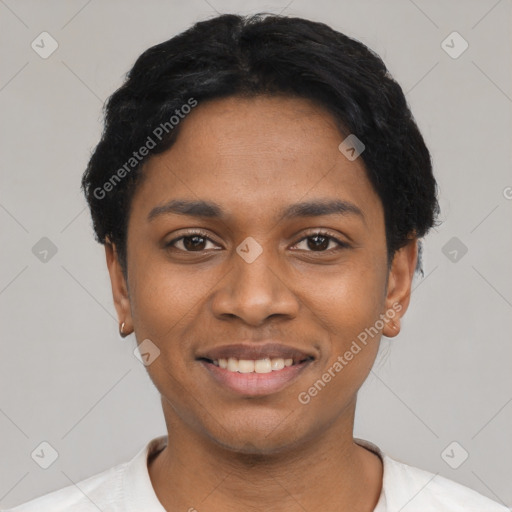 Joyful latino young-adult female with short  black hair and brown eyes