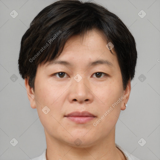 Neutral asian adult male with short  brown hair and brown eyes