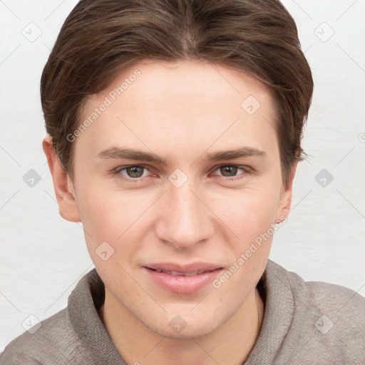 Joyful white young-adult female with short  brown hair and grey eyes