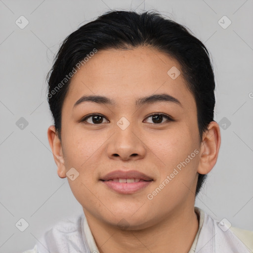 Joyful asian young-adult female with short  brown hair and brown eyes