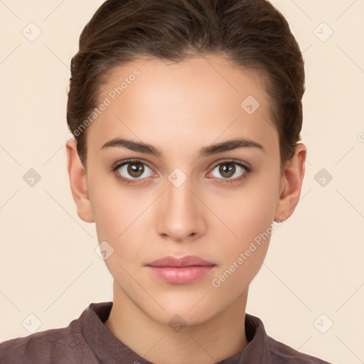 Neutral white young-adult female with short  brown hair and brown eyes