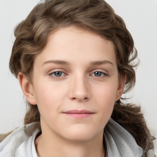 Neutral white young-adult female with medium  brown hair and grey eyes