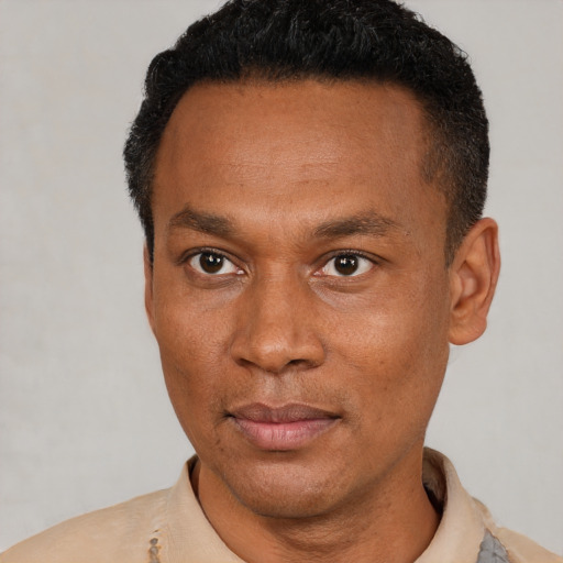 Neutral latino adult male with short  black hair and brown eyes