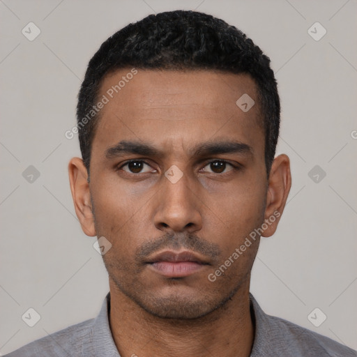 Neutral latino young-adult male with short  black hair and brown eyes