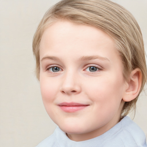 Joyful white child female with medium  brown hair and blue eyes