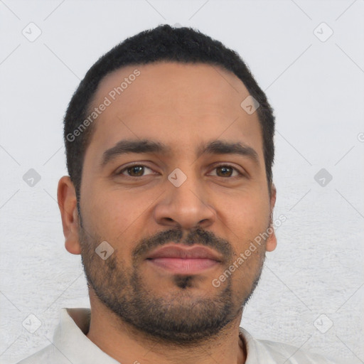 Neutral latino young-adult male with short  black hair and brown eyes
