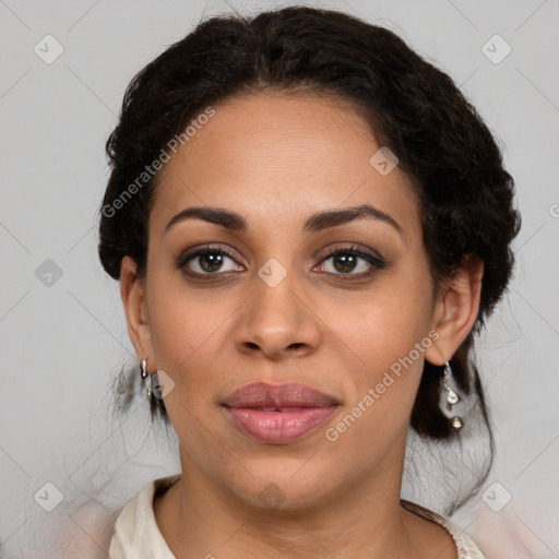 Joyful latino young-adult female with medium  brown hair and brown eyes