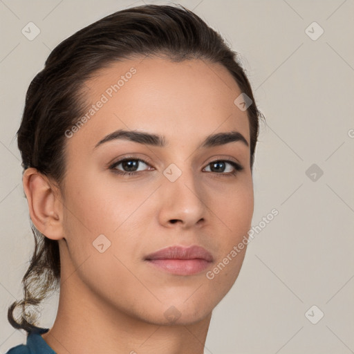 Neutral white young-adult female with short  brown hair and brown eyes