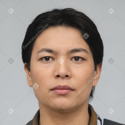 Neutral asian young-adult male with short  black hair and brown eyes