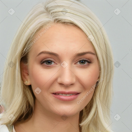 Joyful white young-adult female with long  brown hair and blue eyes