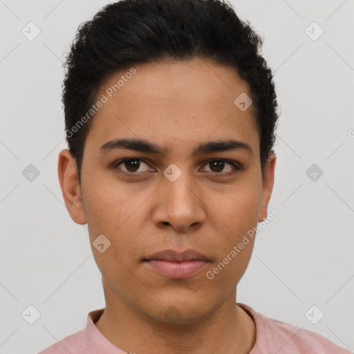 Neutral latino young-adult male with short  brown hair and brown eyes