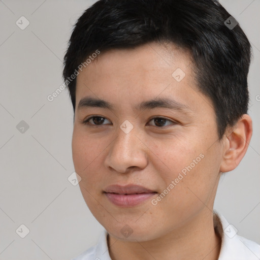 Joyful white young-adult male with short  black hair and brown eyes