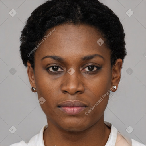 Neutral black young-adult female with short  black hair and brown eyes