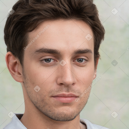 Neutral white young-adult male with short  brown hair and grey eyes