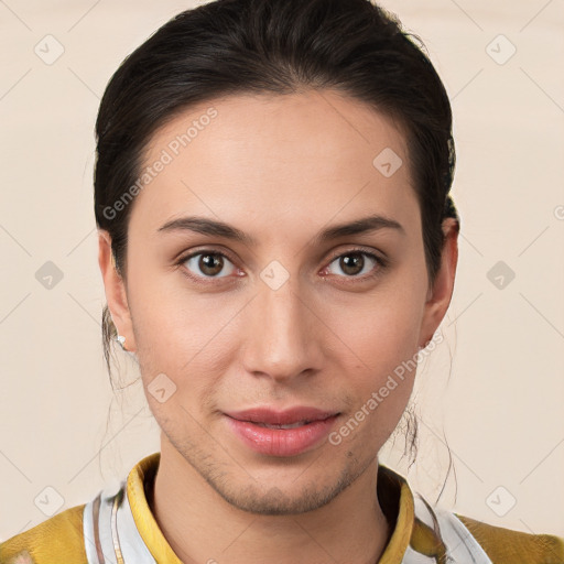 Joyful white young-adult female with medium  brown hair and brown eyes