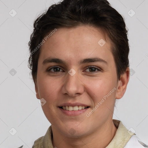 Joyful white young-adult female with short  brown hair and grey eyes