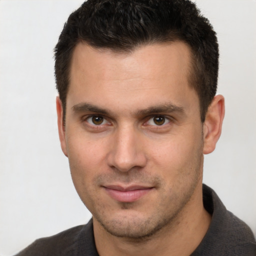 Neutral white young-adult male with short  brown hair and brown eyes