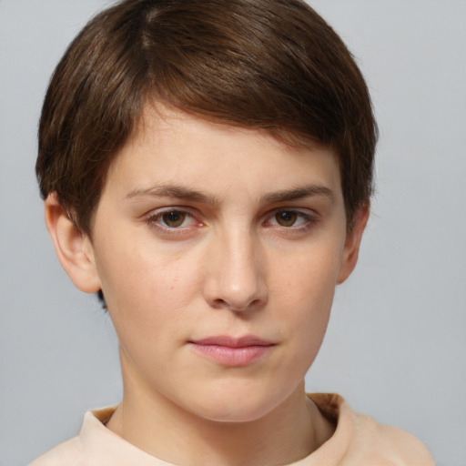 Neutral white young-adult female with short  brown hair and brown eyes